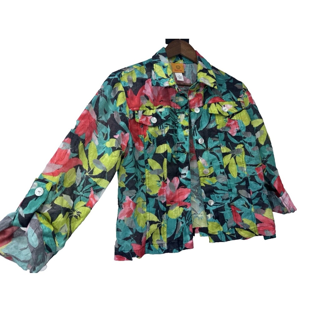 Ruby Rd Tropical Button Front Jacket Roll Tab Sleeve Linen Blend resort beach 6